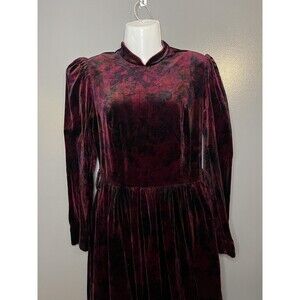 Vintage Origin Dress Womens 12 Red Floral Velvet Mock Neck Puff Sleeve Maxi